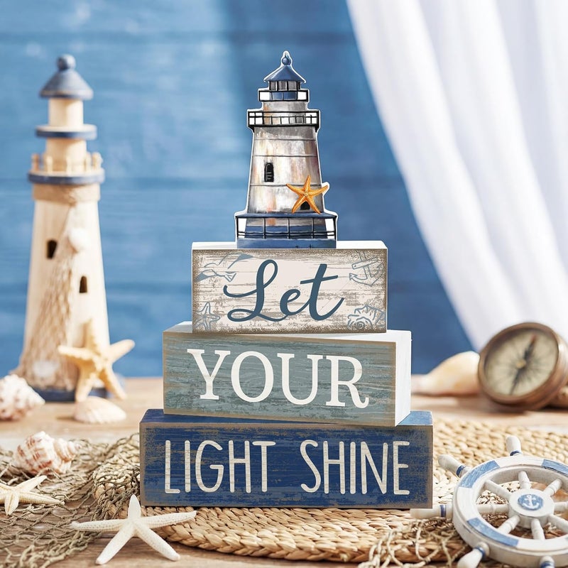 Lineshading 4 Pcs Beach Coastal Table Decor Wooden Lighthouse Decoration with Starfish Summer Tiered Tray Decor Blue and White Ocean Centerpieces Rustic Beach House Nautical Decorations for Home Shelf - Image 2
